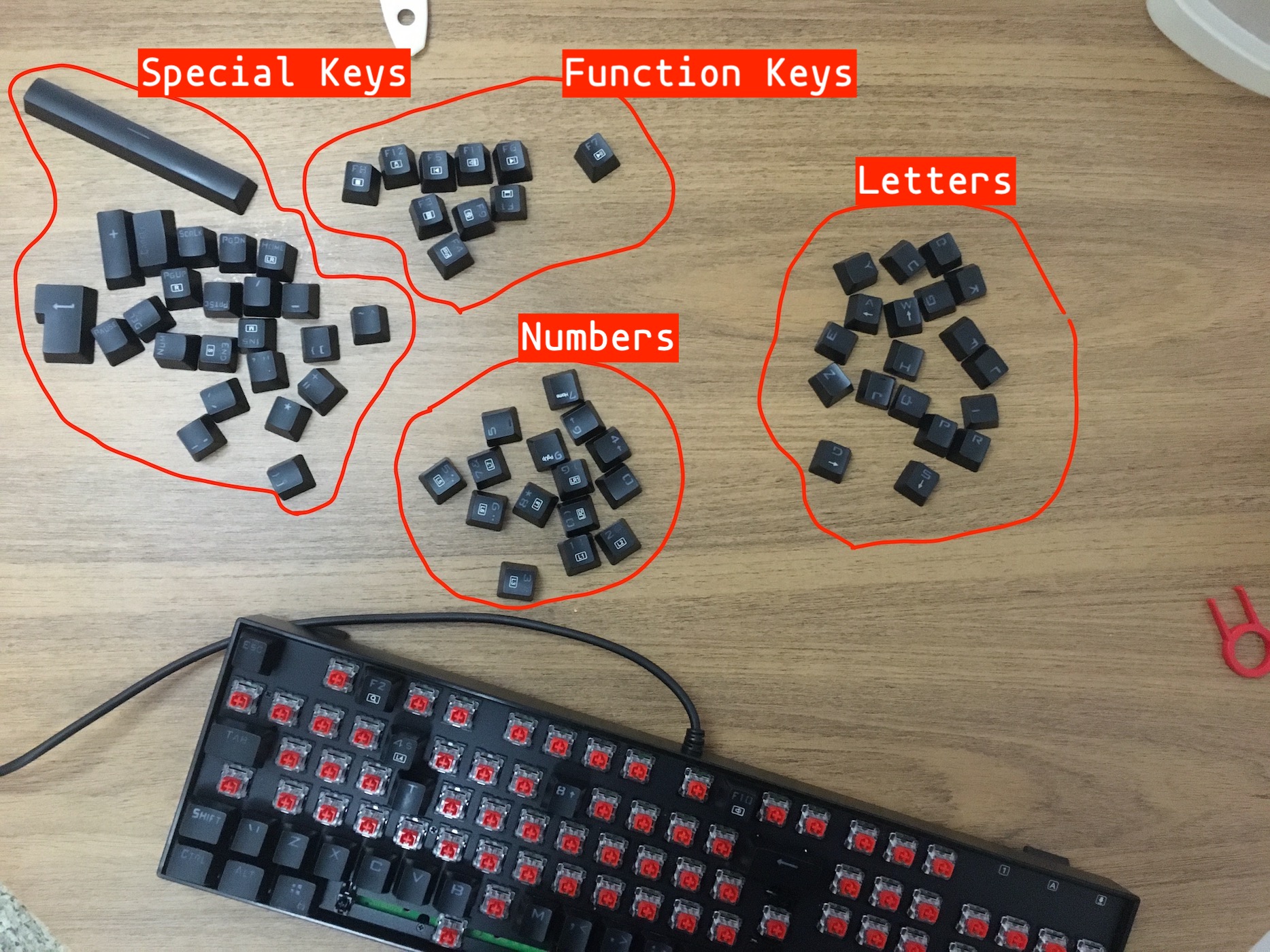 Keyboard and keycaps separated by groups